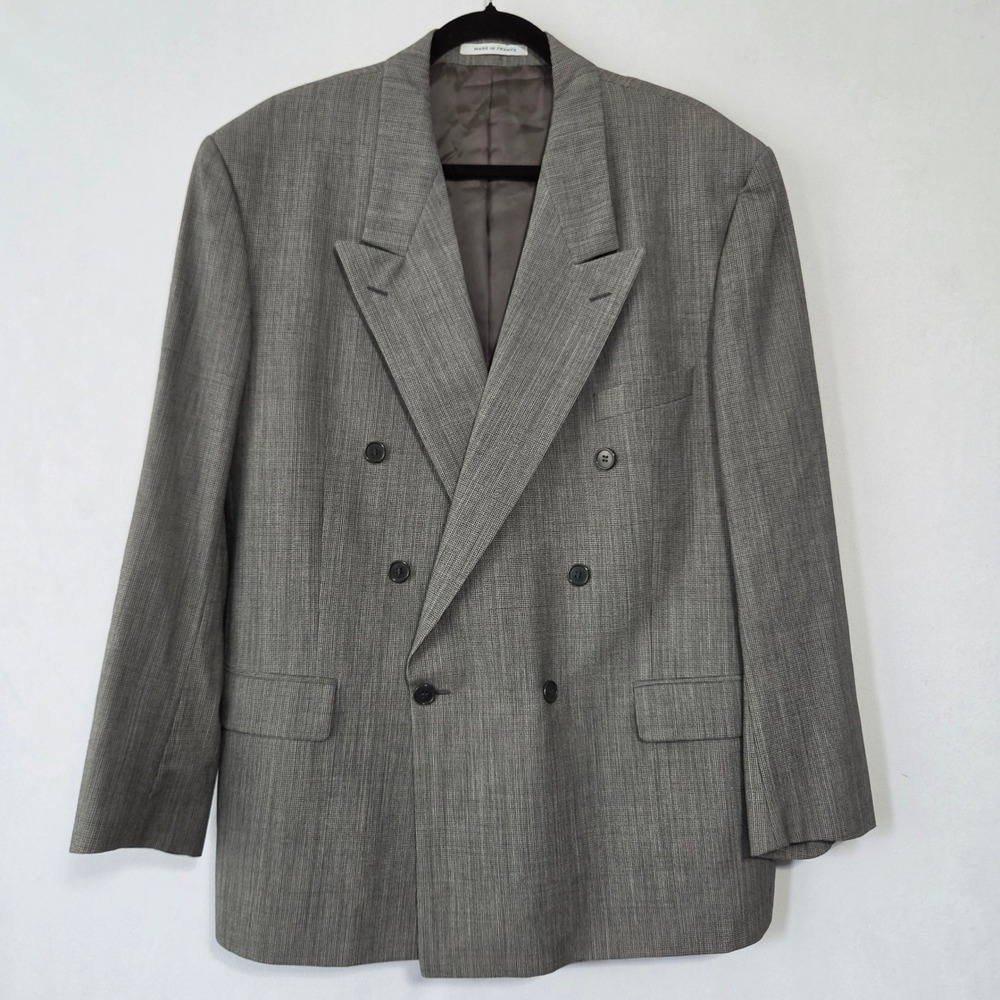 VTG Yves Saint Laurent Blazer Men 46 Gray Double Breasted Peak Lapel Made France